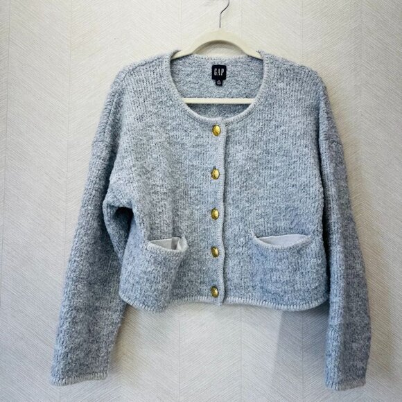 GAP Light Heather Grey Boucle Cropped Sweater Womens Size M Petite - Picture 10 of 14